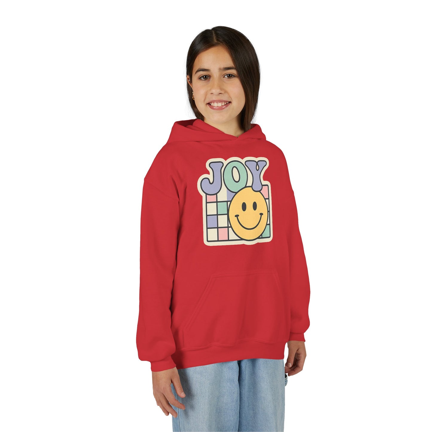 Girls Youth Hoodie – Retro 'JOY' Smiley Graphic Kids Sweatshirt