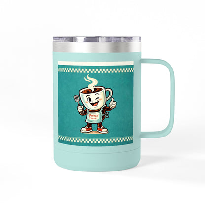 Perky’s Cafe KS Retro Teal 15oz Stainless Tumbler w/ Handle-  Mug Tumbler — Cute Smiling Coffee Cup Character, 15oz Travel Mug (free shipping)