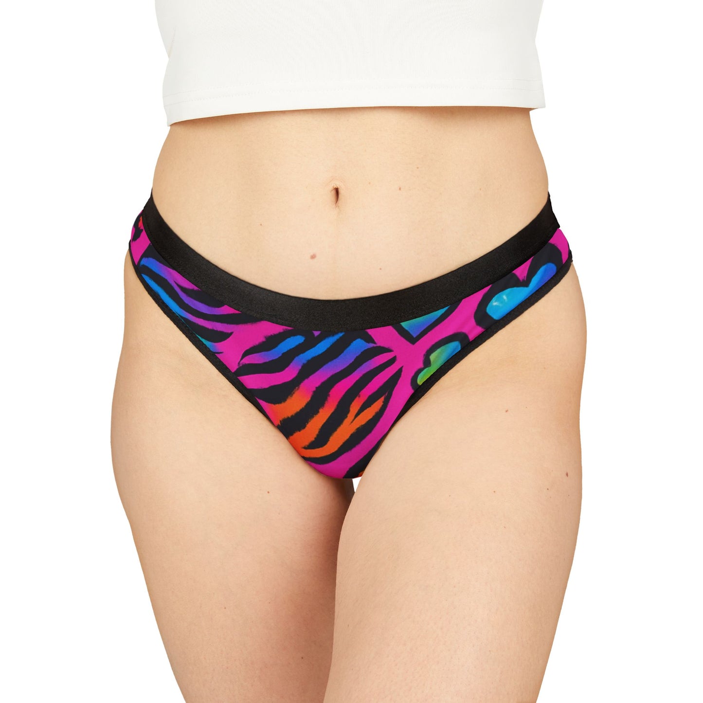 bright 90s rainbow sticker animal-print pattern (leopard + zebra + tiger), neon colors, sparkles, hearts, seamless repeat tile Women's Thong – Colorful Animal Print Lingerie
