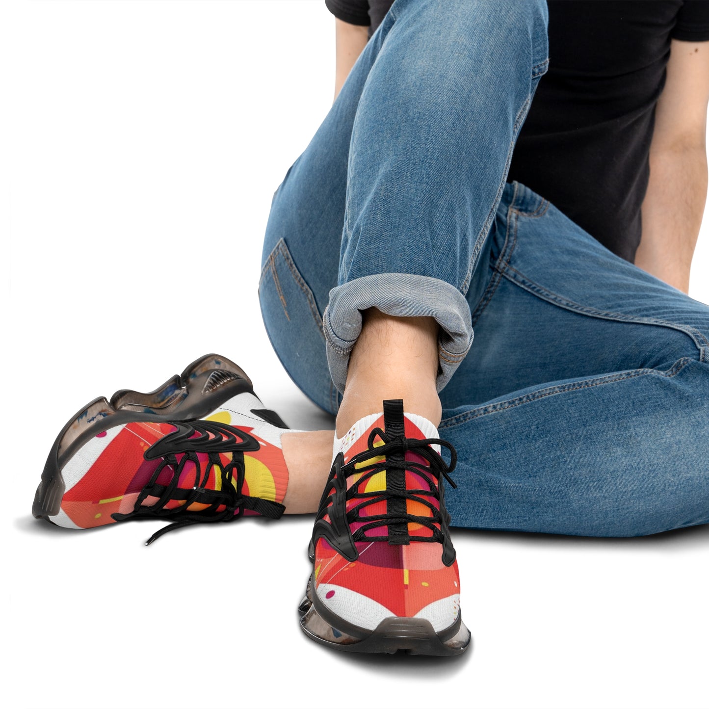 men's Mesh Sneakers — Bold Red Abstract Athletic Shoes for Men (free shipping)