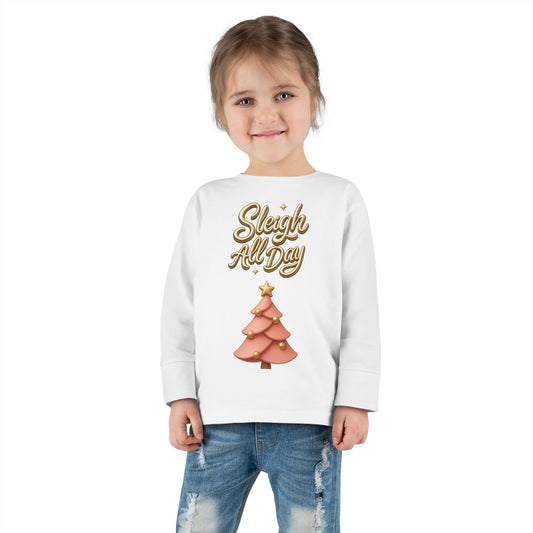 Sleigh All Day Toddler Long Sleeve Tee — Cute Pink Christmas Tree Holiday Shirt