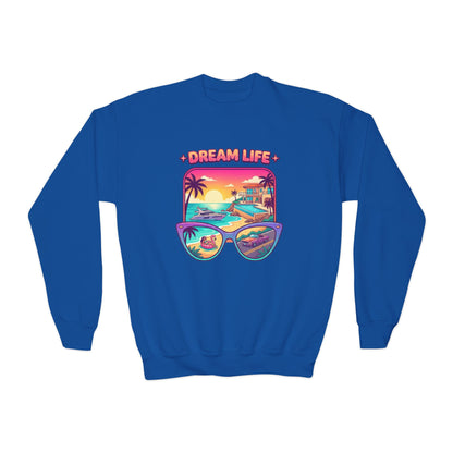 Girls Youth Crewneck Sweatshirt - "Dream Life" Tropical Sunset Graphic