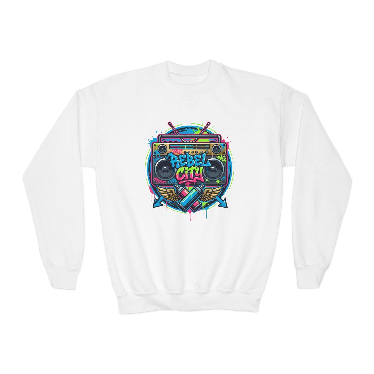 Youth Crewneck Sweatshirt — Vibrant Retro Boombox “Rebel With” spray paint Graphic