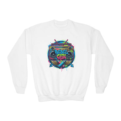 Youth Crewneck Sweatshirt — Vibrant Retro Boombox “Rebel With” spray paint Graphic
