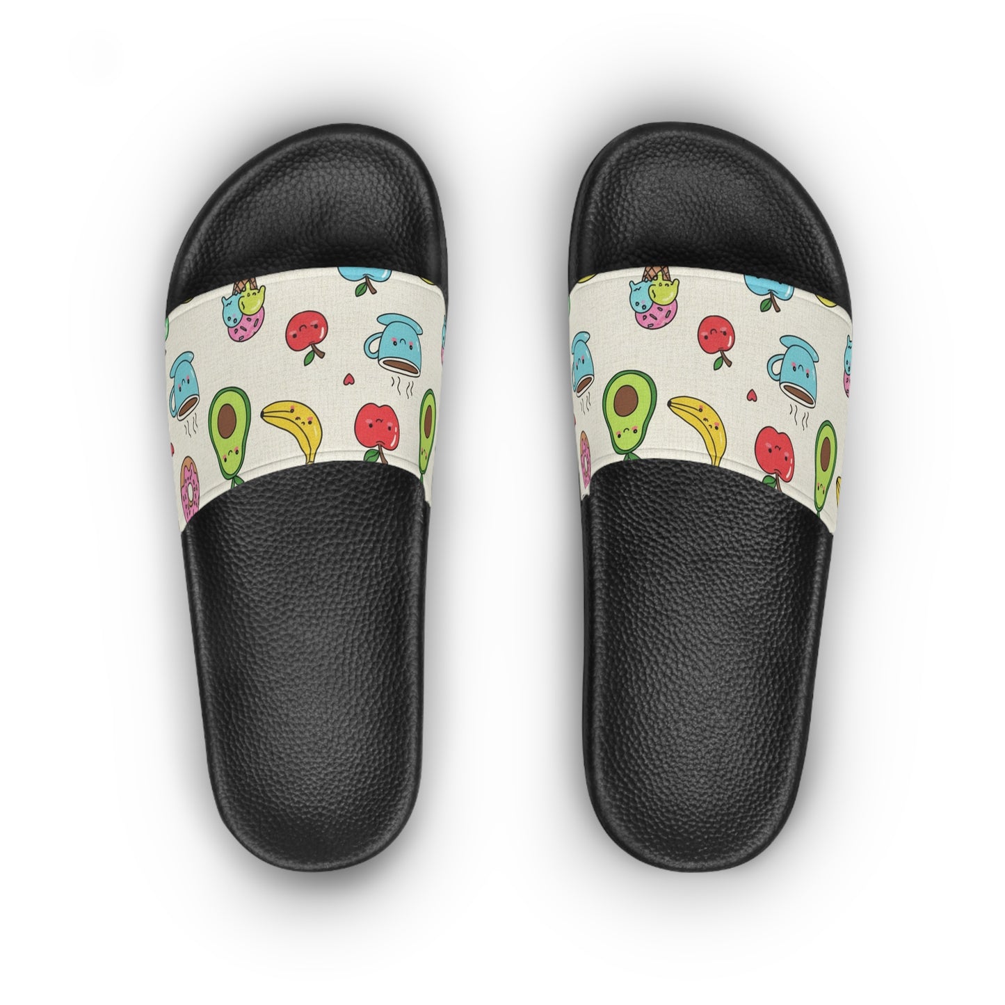 Women's Slide Sandals Whimsical Foodie Doodles / Cute Snack Attack
