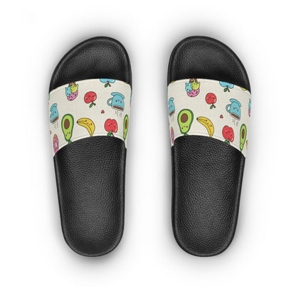 Women's Slide Sandals Whimsical Foodie Doodles / Cute Snack Attack