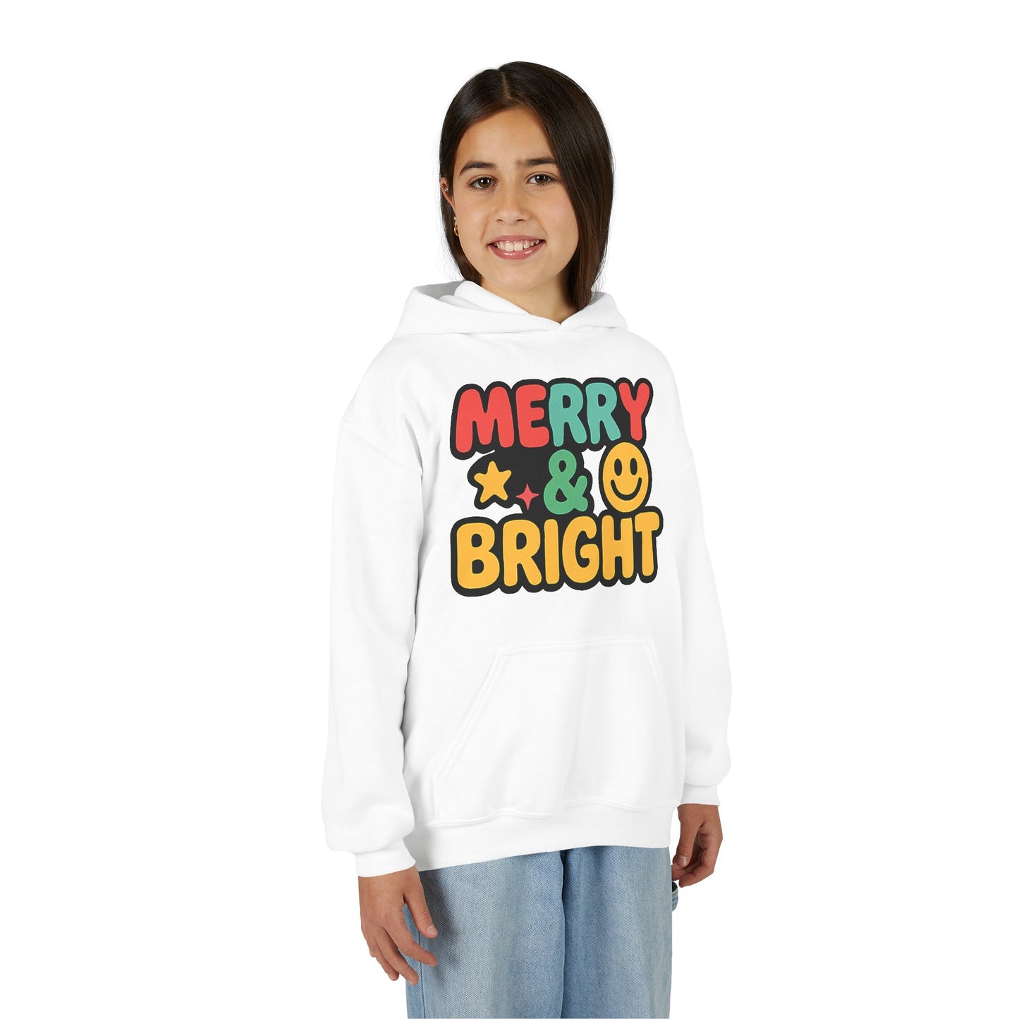 Youth Hoodie — 'Merry & Bright' Colorful Holiday Kids Sweatshirt