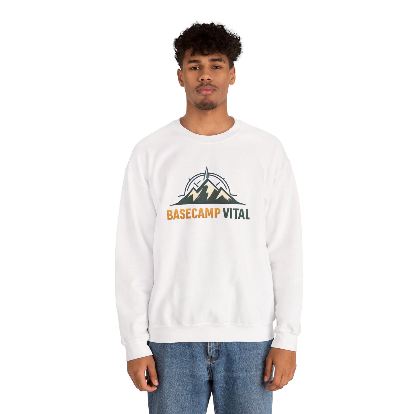 Base Camp Vital Mountain Embroidered Crewneck Sweatshirt | Cozy Hiking & Camping Pullover | 50/50 Midweight  Vital Mountain Crewneck Sweatshirt — Outdoor Adventure Logo Pullover (free shipping)