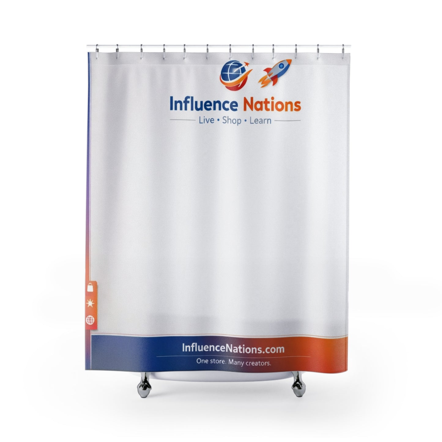 Influence Nations Logo Shower Curtain — Branded Travel & Learning Bath Decor