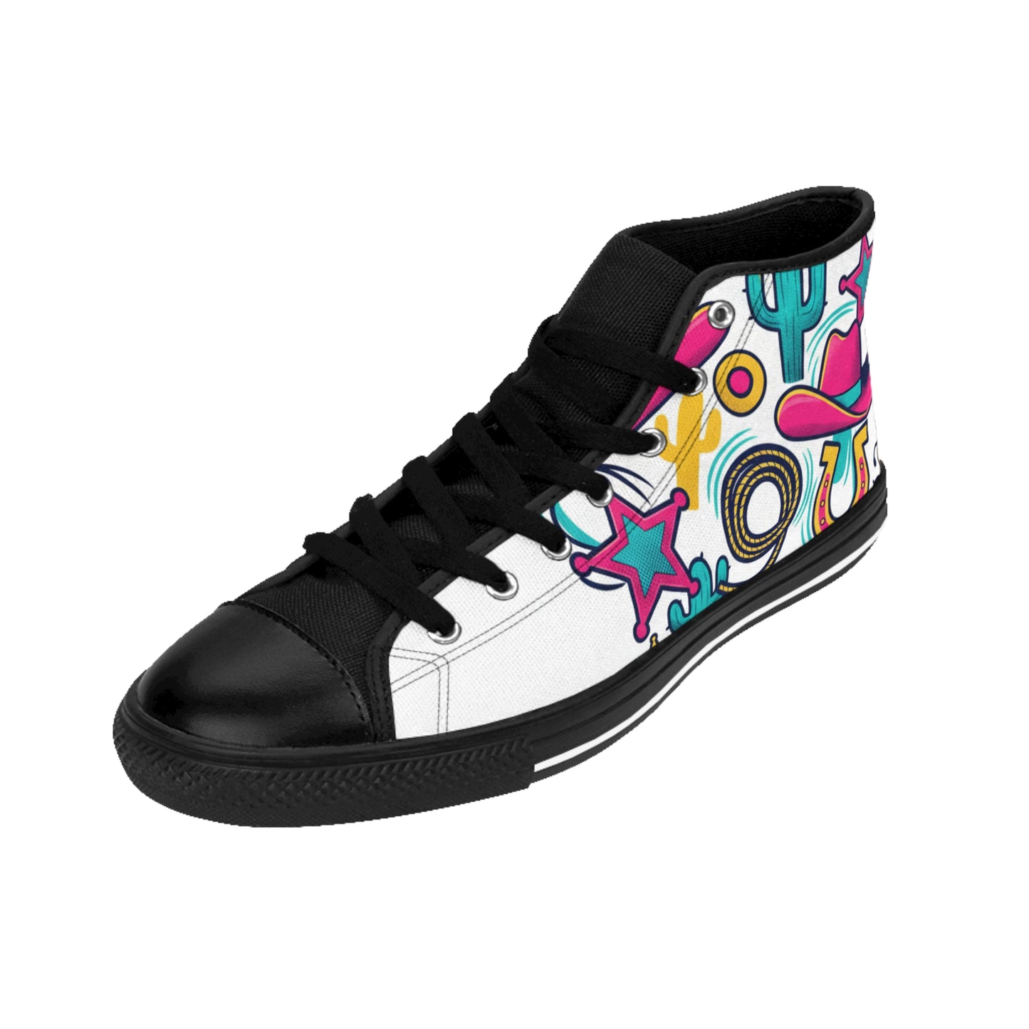 Men's High-Top Sneakers — Colorful Retro Western Pattern (Cowboy Hat, Cactus, Horseshoe) (free shipping)