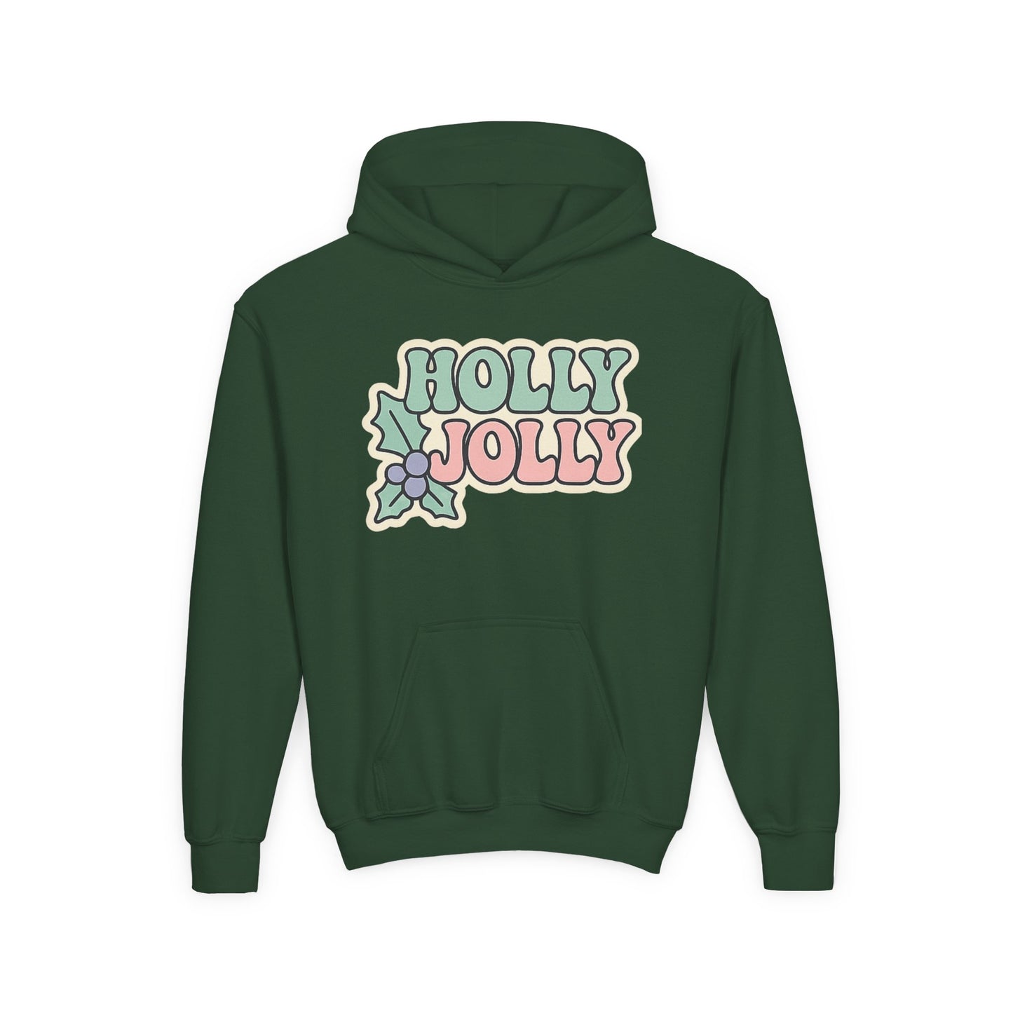 Girls Youth Hoodie — 'Holly Jolly' Pastel Christmas Holiday Sweatshirt