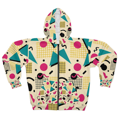 Retro Memphis Pattern Zip Hoodie – Neon Geometric All-Over Print