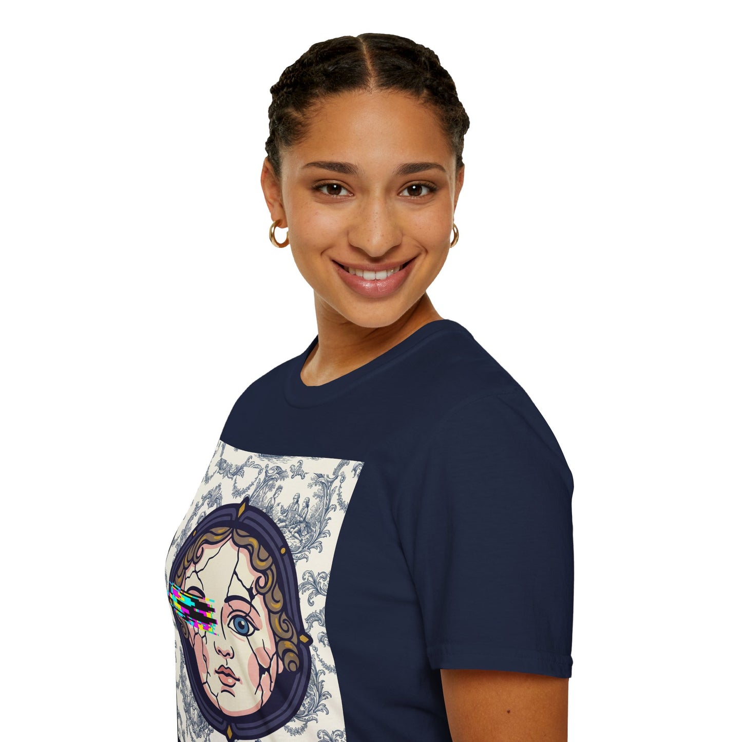 Glitch retro cracked porcelain doll face- Rococo Smartphone Toile - T-Shirt — Retro Mythology Art Tee