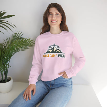Base Camp Vital Mountain Embroidered Crewneck Sweatshirt | Cozy Hiking & Camping Pullover | 50/50 Midweight  Vital Mountain Crewneck Sweatshirt — Outdoor Adventure Logo Pullover (free shipping)