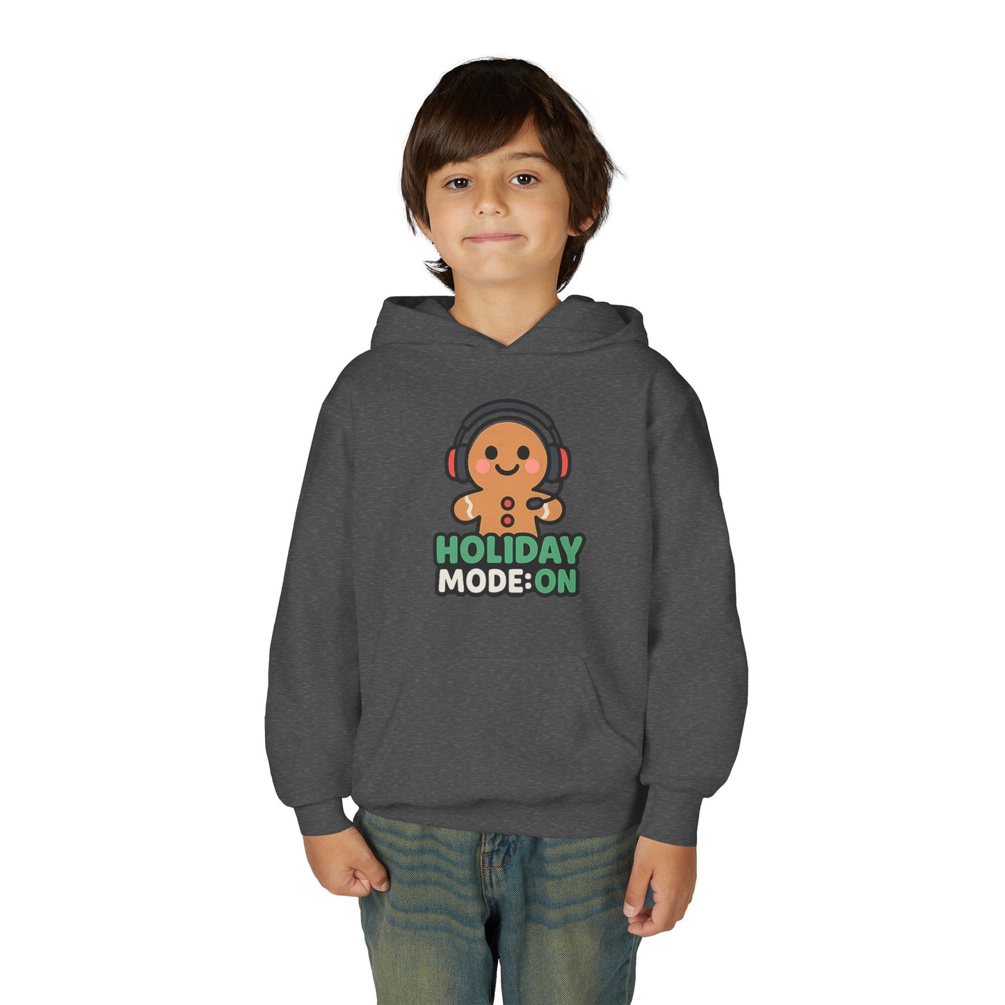 Youth Hoodie — 'Holiday Mode On' Gingerbread Headphone Christmas Sweatshirt