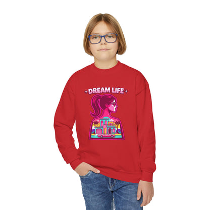 “Dream Life” girls “Barbie style” Youth Crewneck Sweatshirt — Retro Sunset Girl Graphic