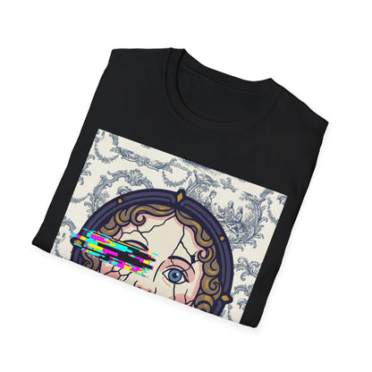 Glitch retro cracked porcelain doll face- Rococo Smartphone Toile - T-Shirt — Retro Mythology Art Tee