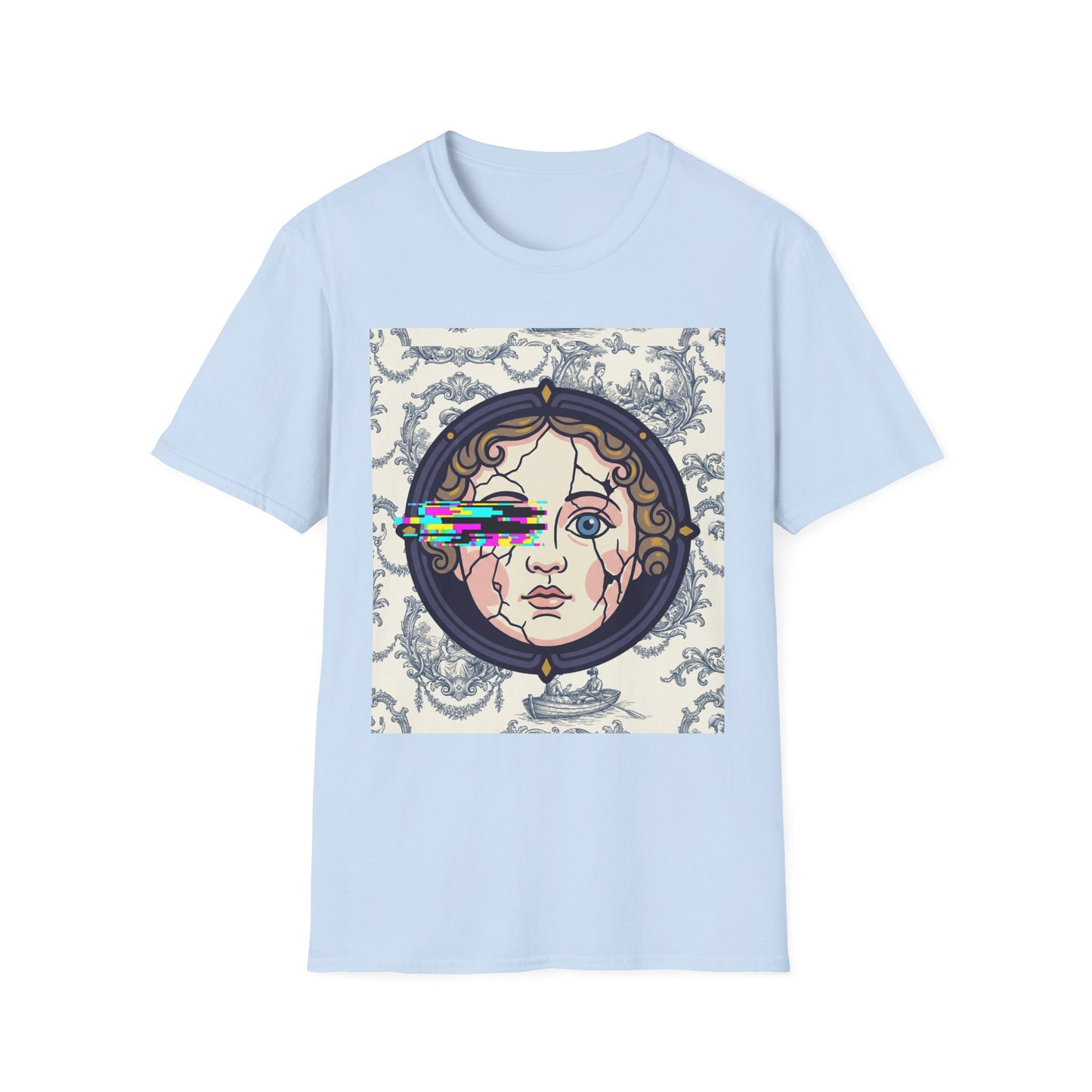 Glitch retro cracked porcelain doll face- Rococo Smartphone Toile - T-Shirt — Retro Mythology Art Tee