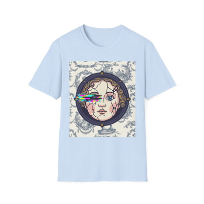 Glitch retro cracked porcelain doll face- Rococo Smartphone Toile - T-Shirt — Retro Mythology Art Tee