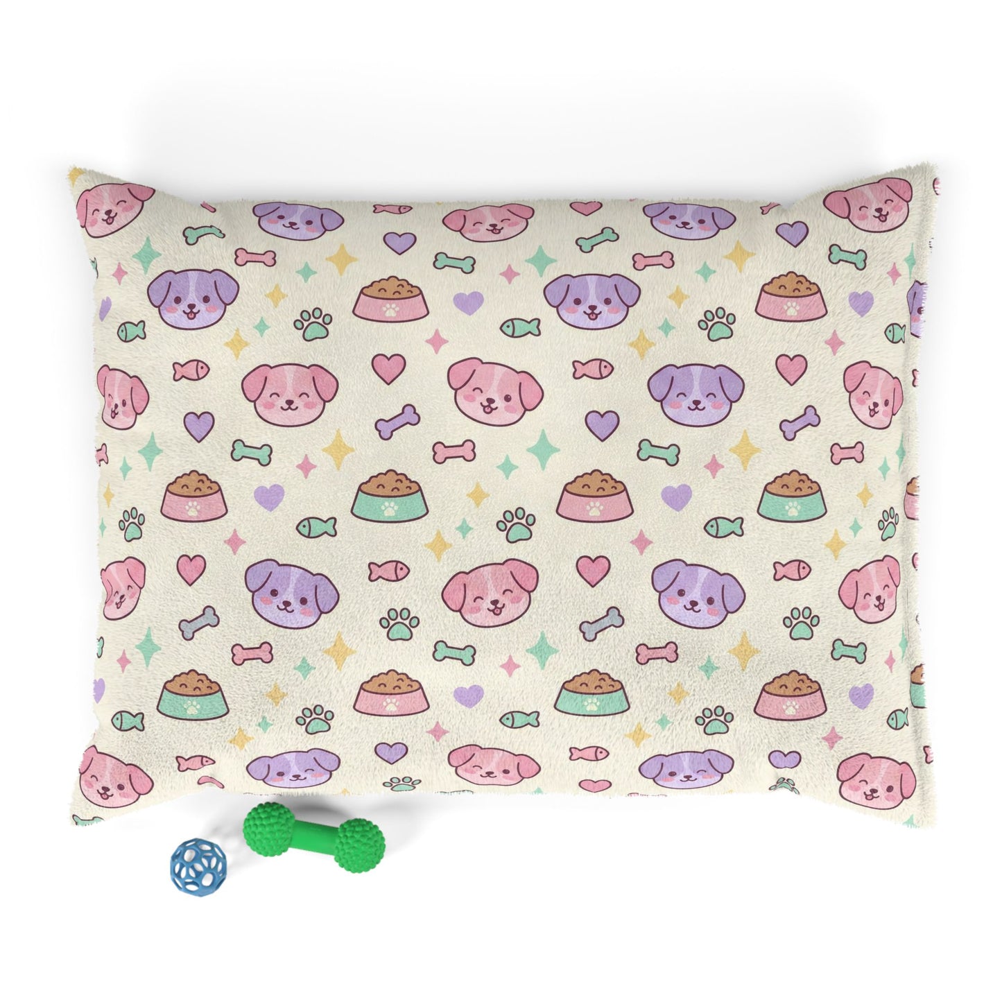 Cute Pastel Puppy Pattern Pet Bed — Soft Plush Dog Pillow with Food & Bone Design