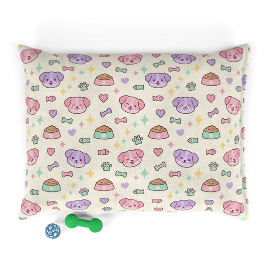 Cute Pastel Puppy Pattern Pet Bed — Soft Plush Dog Pillow with Food & Bone Design