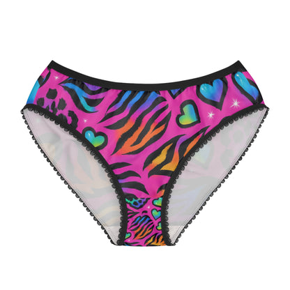 90s bright rainbow sticker animal-print pattern (leopard + zebra + tiger), neon colors, sparkles, hearts, seamless repeat tile Women's Briefs — Colorful Rainbow Zebra Print