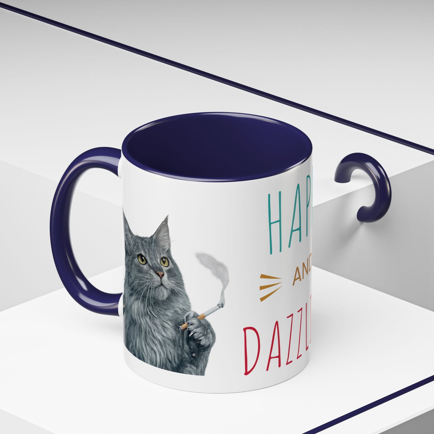 Happy and Dazzling smoking Cat Coffee Mug — Cute Cat smoking a cigarette Illustration Accent Mug (11/15 oz) (free shipping)