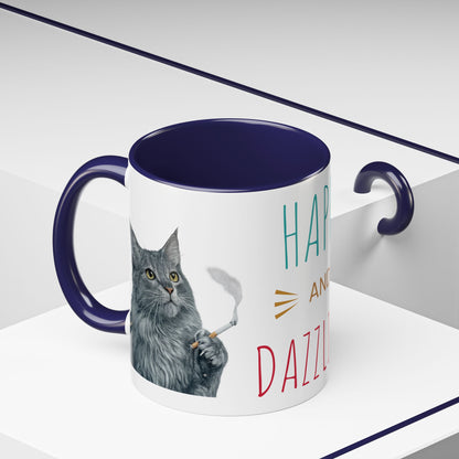 Happy and Dazzling smoking Cat Coffee Mug — Cute Cat smoking a cigarette Illustration Accent Mug (11/15 oz) (free shipping)