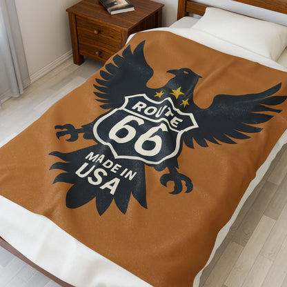 Route 66 Eagle Velveteen Plush Blanket — Made in USA Vintage Travel Throw