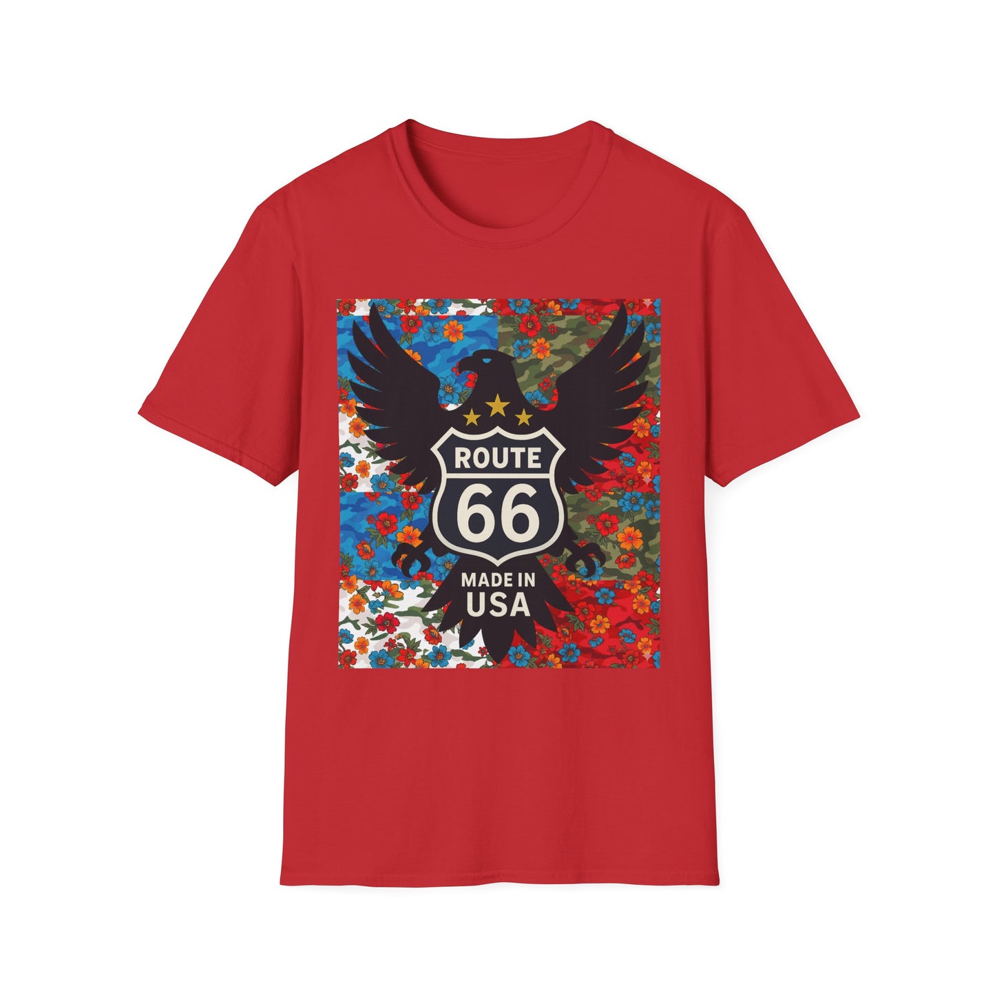 Route 66 Made in USA T-Shirt — Vintage Eagle Floral Roadtrip Tee- camo flower combo T-shirt