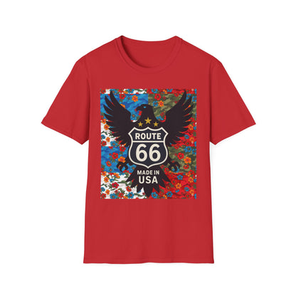 Route 66 Made in USA T-Shirt — Vintage Eagle Floral Roadtrip Tee- camo flower combo T-shirt