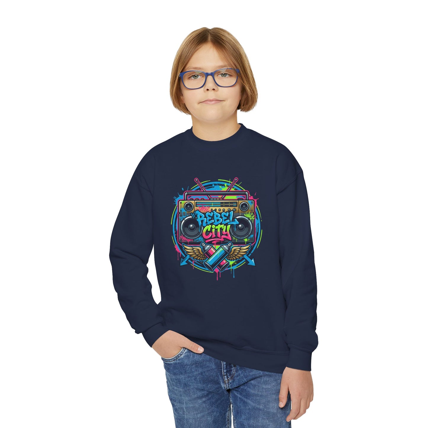 Youth Crewneck Sweatshirt — Vibrant Retro Boombox “Rebel With” spray paint Graphic