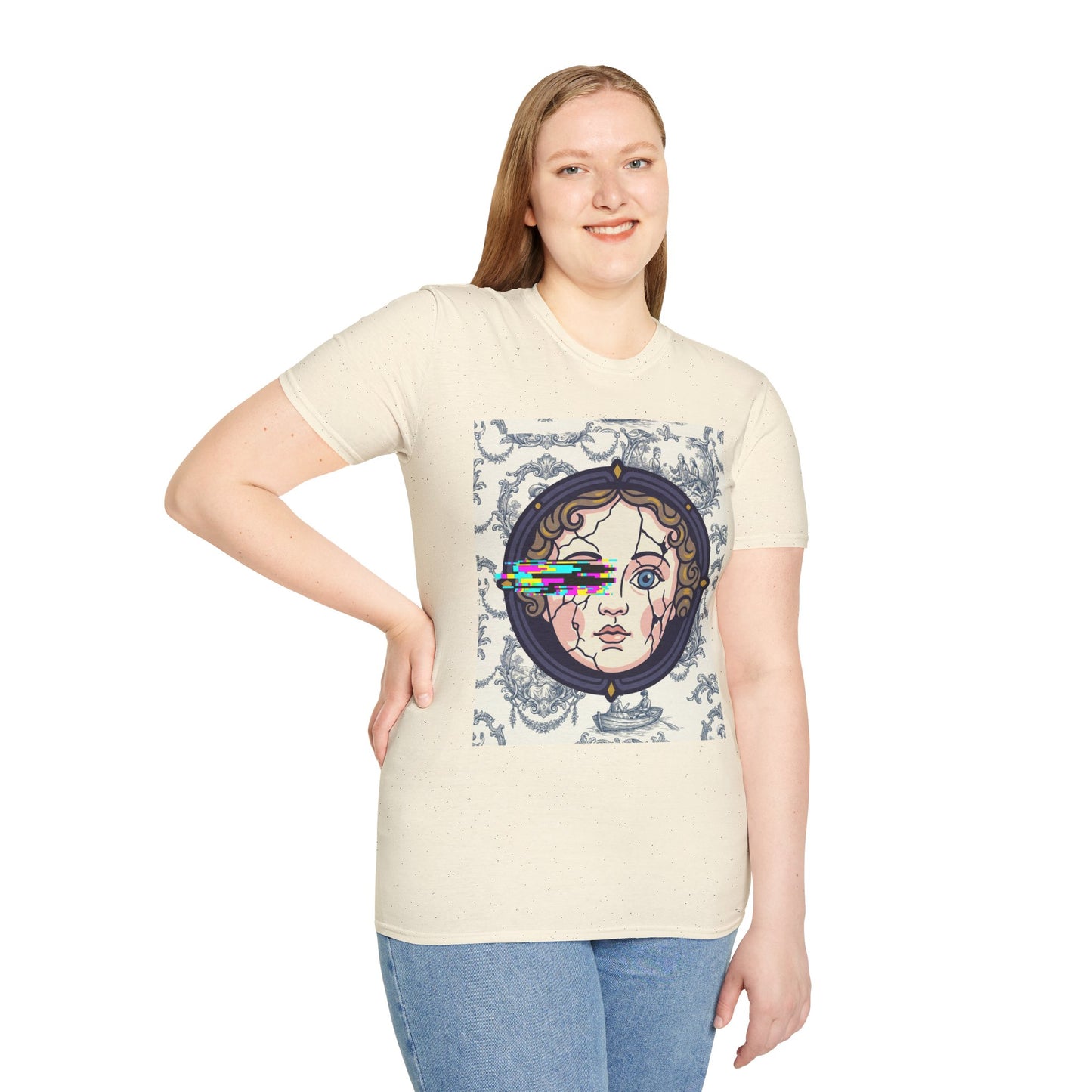Glitch retro cracked porcelain doll face- Rococo Smartphone Toile - T-Shirt — Retro Mythology Art Tee