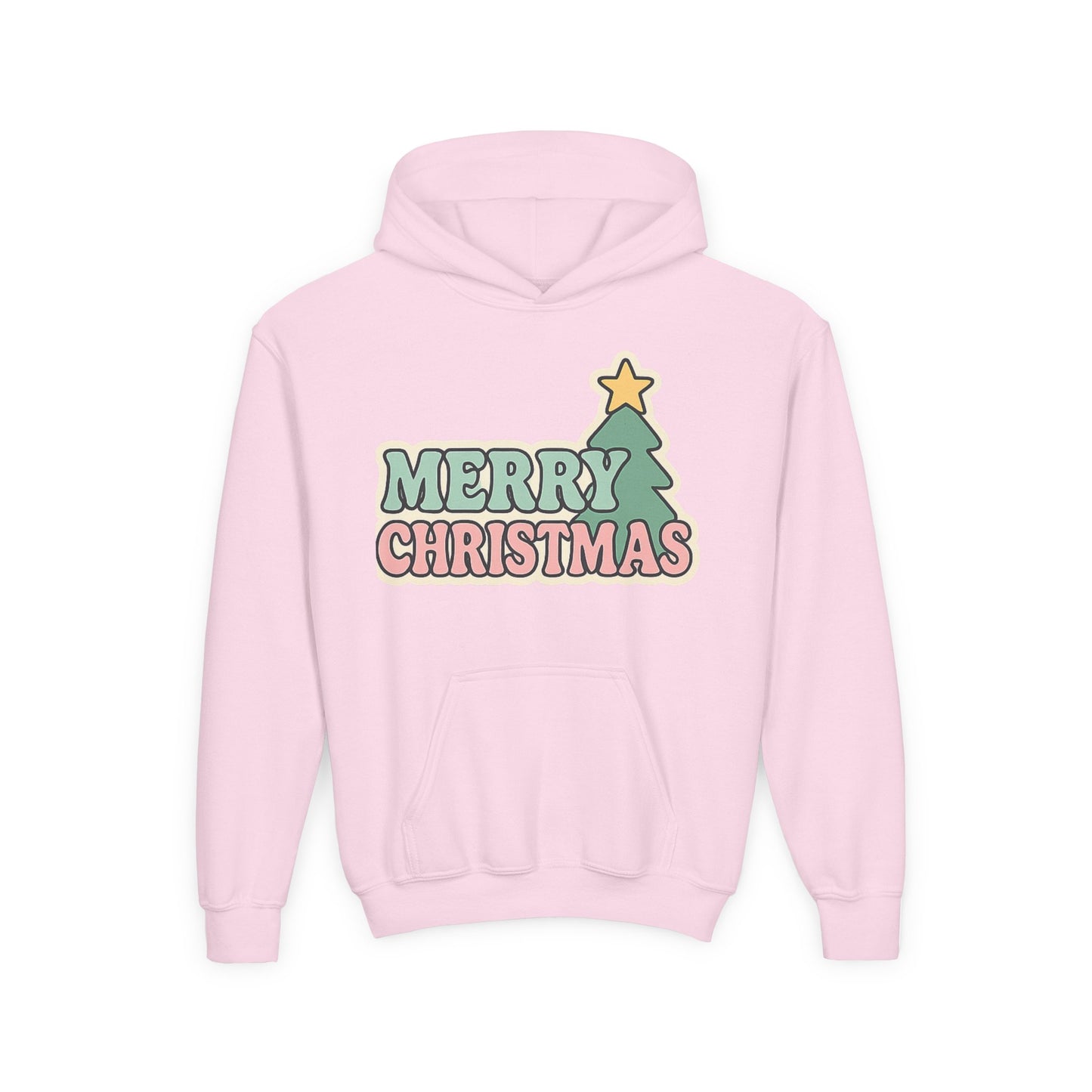 Kids youth Merry Christmas Hoodie — Pastel Tree Holiday Pullover