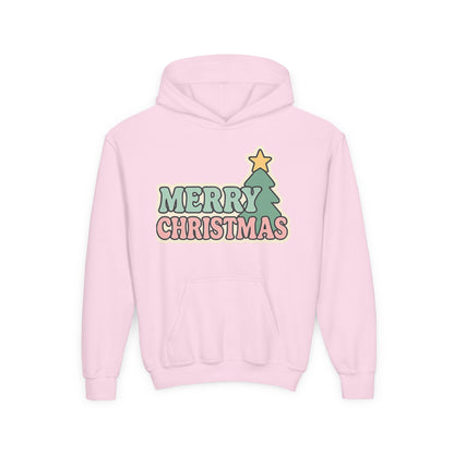 Kids youth Merry Christmas Hoodie — Pastel Tree Holiday Pullover