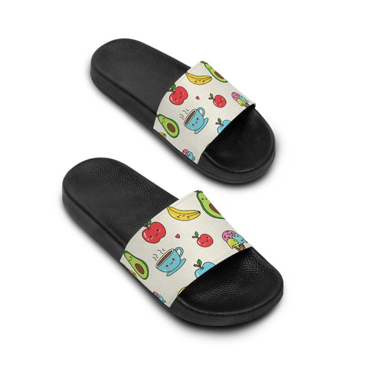 Women's Slide Sandals Whimsical Foodie Doodles / Cute Snack Attack