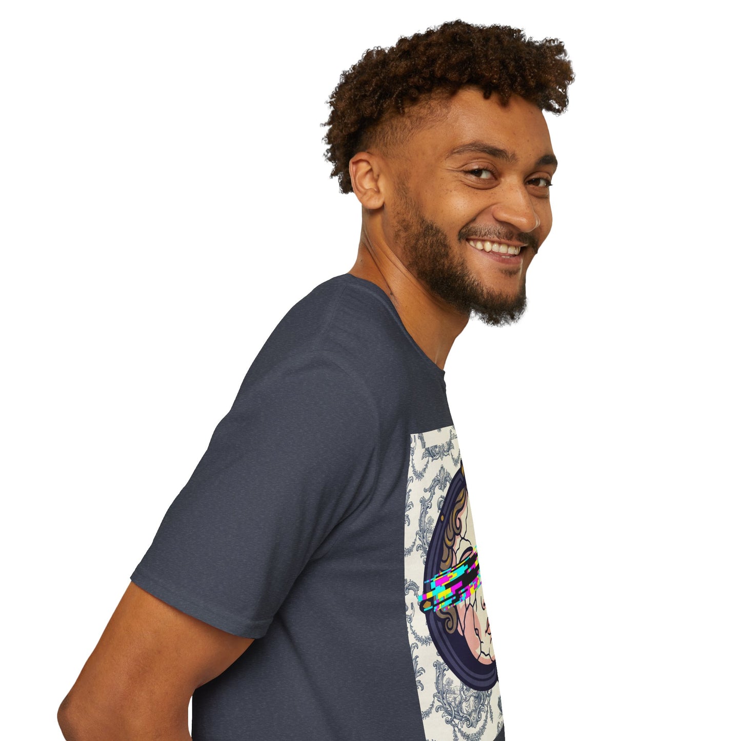 Glitch retro cracked porcelain doll face- Rococo Smartphone Toile - T-Shirt — Retro Mythology Art Tee