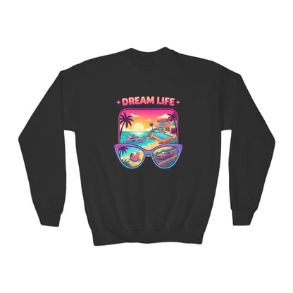 Girls Youth Crewneck Sweatshirt - "Dream Life" Tropical Sunset Graphic