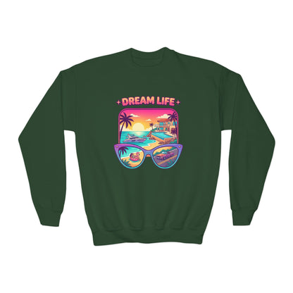 Girls Youth Crewneck Sweatshirt - "Dream Life" Tropical Sunset Graphic