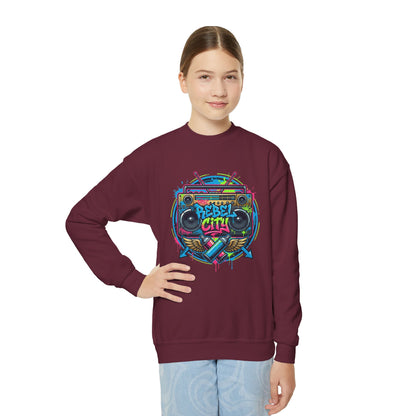 Youth Crewneck Sweatshirt — Vibrant Retro Boombox “Rebel With” spray paint Graphic