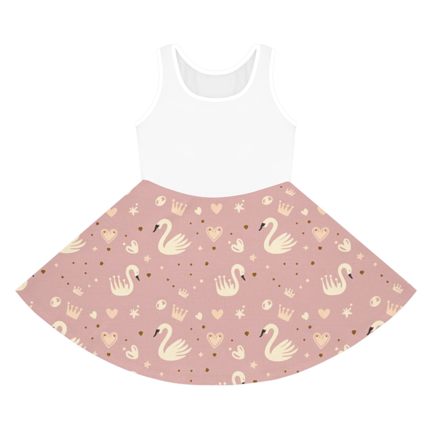Girls' Pink Swan Princess Sundress — Sleeveless Twirl Dress with Crown & Heart Pattern