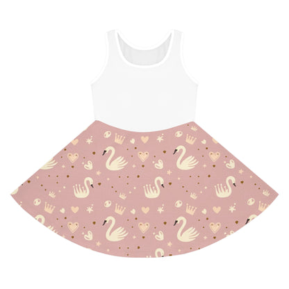 Girls' Pink Swan Princess Sundress — Sleeveless Twirl Dress with Crown & Heart Pattern