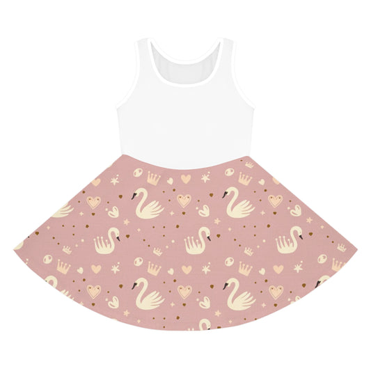Girls' Pink Swan Princess Sundress — Sleeveless Twirl Dress with Crown & Heart Pattern