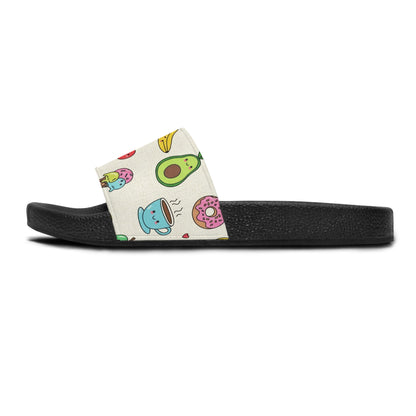 Women's Slide Sandals Whimsical Foodie Doodles / Cute Snack Attack