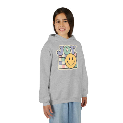Girls Youth Hoodie – Retro 'JOY' Smiley Graphic Kids Sweatshirt