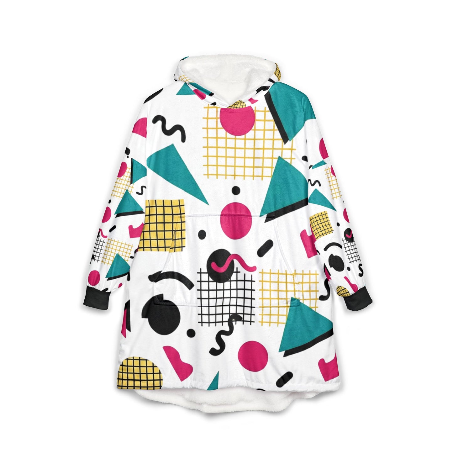 American Retro 80’s Memphis Hooded Blanket – 80s Geometric Print Cozy Throw