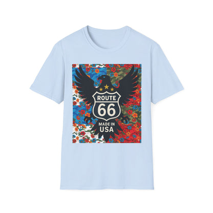 Route 66 Made in USA T-Shirt — Vintage Eagle Floral Roadtrip Tee- camo flower combo T-shirt