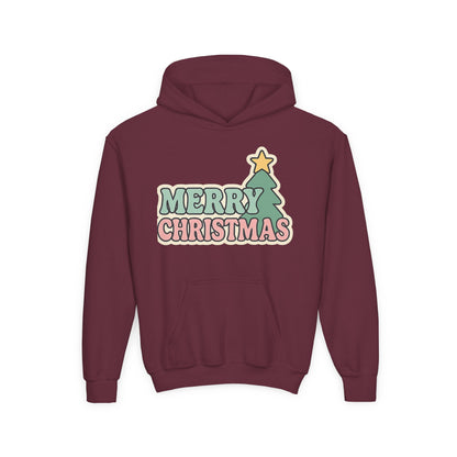 Kids youth Merry Christmas Hoodie — Pastel Tree Holiday Pullover