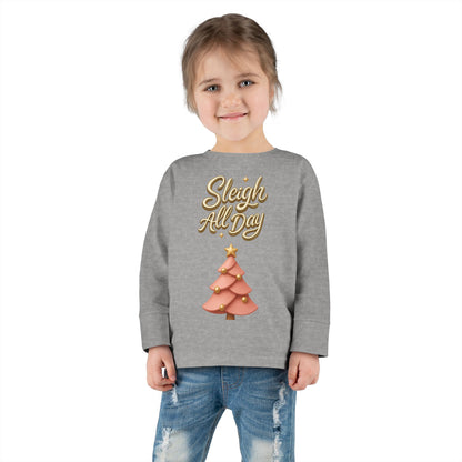 Sleigh All Day Toddler Long Sleeve Tee — Cute Pink Christmas Tree Holiday Shirt
