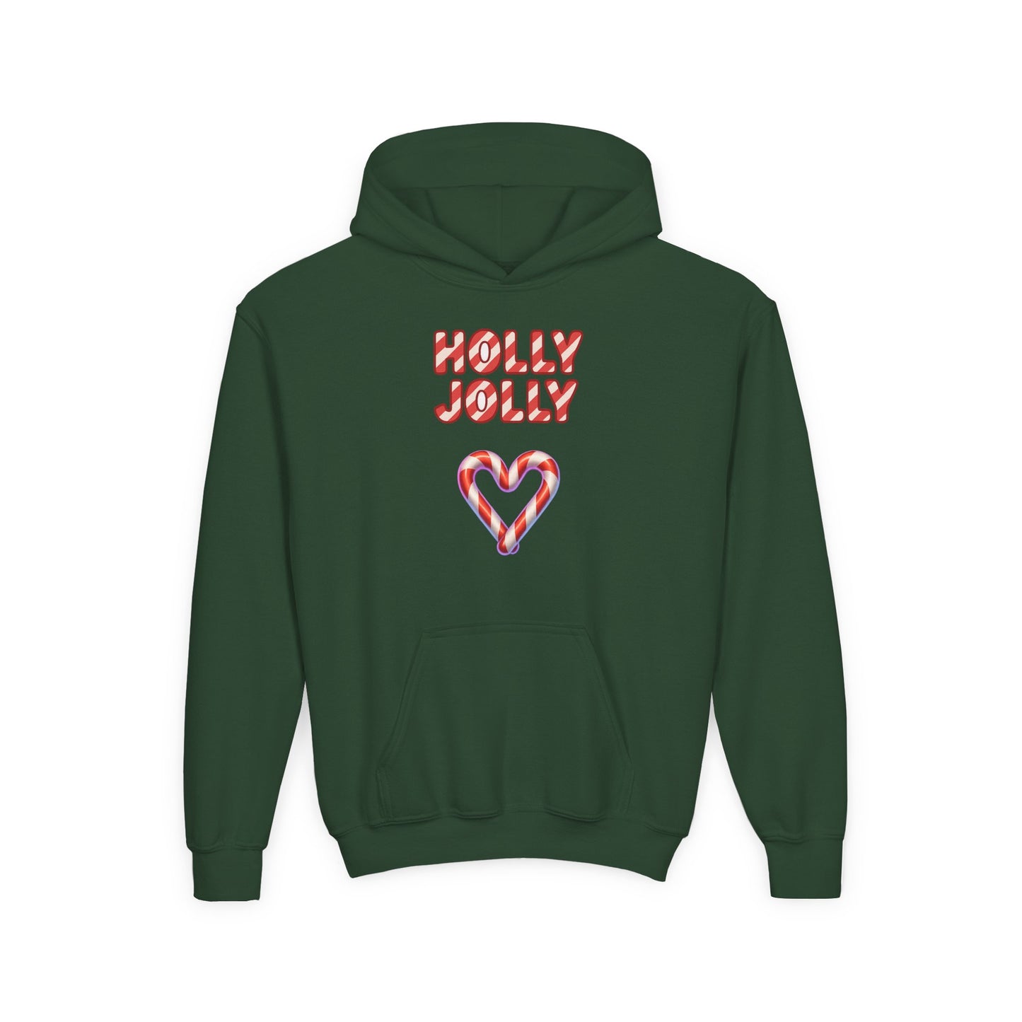 Youth Hoodie — "Holly Jolly" Candy Cane Heart Christmas Sweatshirt